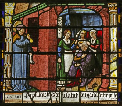 Window depicting Saint Nicholas leaving money for the father of three girls by French School